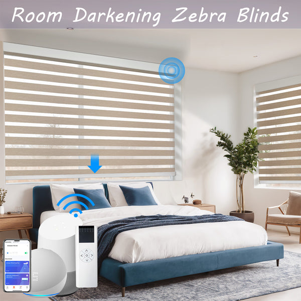 Room Darkening Motorized Zebra Blinds for katykery(Pearl, Caramel, Charcoal Blue colors)